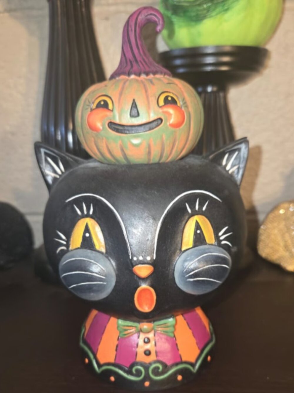 Bethany Lowe Johanna Parker Black Jack & Kinny Green Stack Cat Pumpkin Halloween